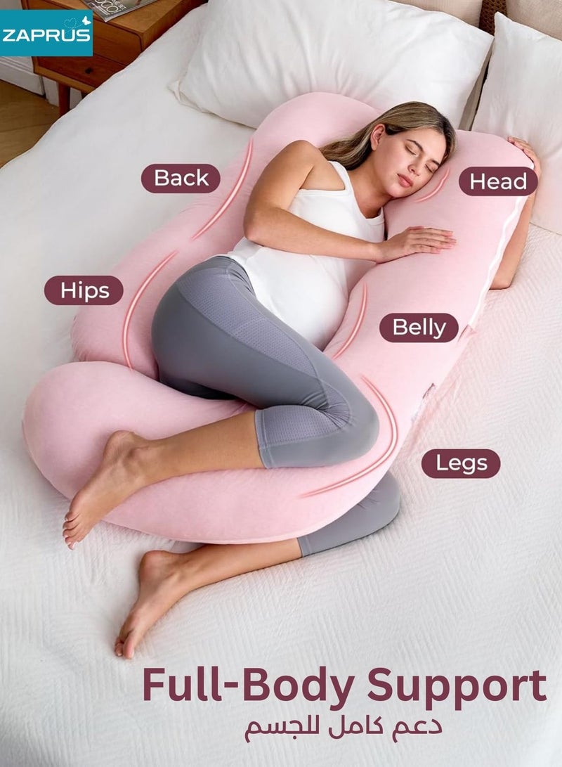 Zaprus Pregnancy Pillow J-Shape 100% Cotton Fiber –  Full Body Support Maternity Pillow for Sleeping, Back, Hip & Belly Pain Relief, Ergonomic Support for Side & Stomach Sleeping, Comfortable Prenatal Pillow Pink - Image 4